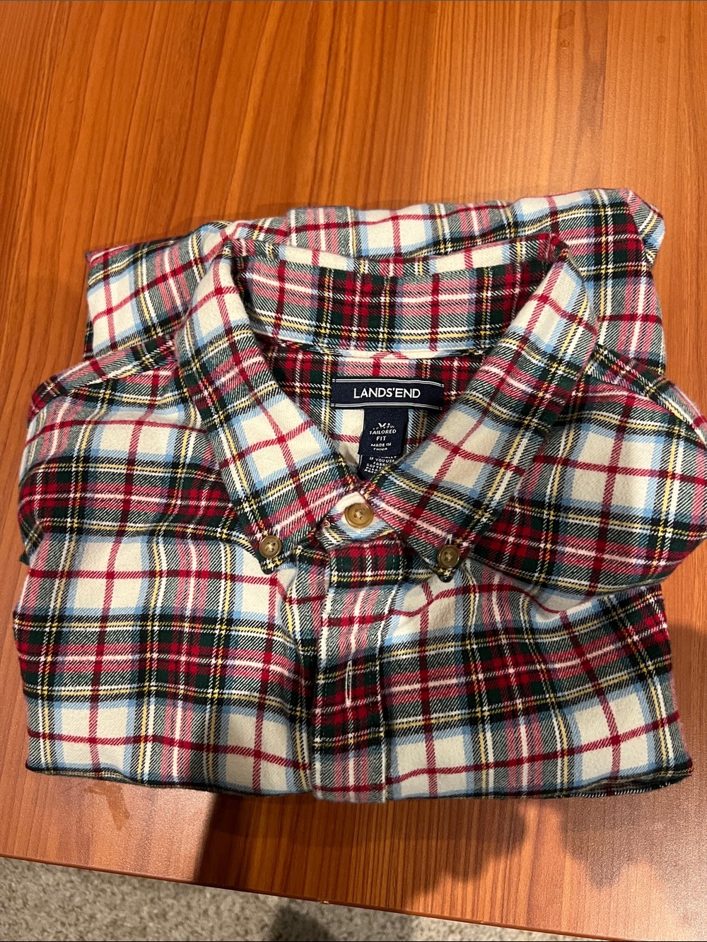 Lands' End Men's White and Red Plaid Button-Down Shirt